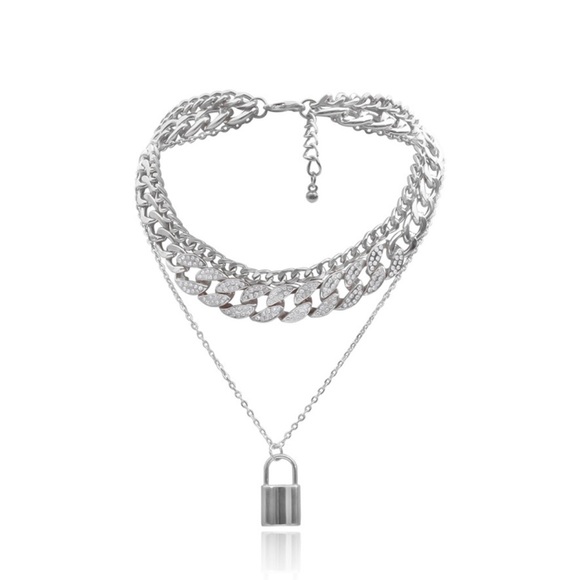 Silver Unisex Multilayer Padlock Chain Necklace - Picture 5 of 6